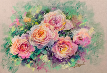 Ζωγραφική με τίτλο "Delicate roses" από Tatyana Ustyantseva, Αυθεντικά έργα τέχνης, Παστέλ