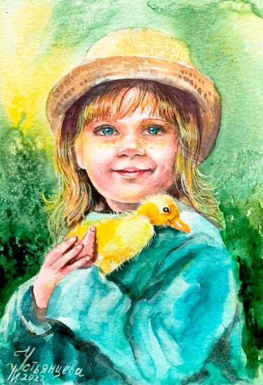 Painting titled "A girl with a duckl…" by Tatyana Ustyantseva, Original Artwork, Watercolor
