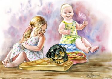 Painting titled "Children and a dog…" by Tatyana Ustyantseva, Original Artwork, Watercolor