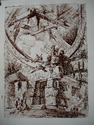 Dessin intitulée "HOMMAGE A PIRANESE…" par Michel Moskovtchenko, Œuvre d'art originale, Encre