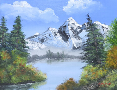 Картина под названием "Montagne et lac n°3" - Michel De Ruyck, Подлинное произведение искусства, Масло Установлен на Деревян…