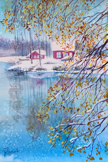 Schilderij getiteld "Winter landscape wi…" door Tatyana Ustyantseva, Origineel Kunstwerk, Aquarel