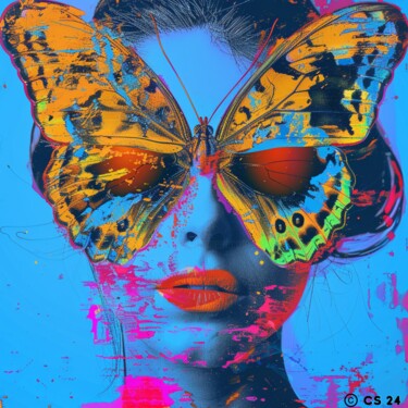 Painting titled "BLUE BUTTERFLY WOMAN" by Claudia Sauter (Poptonicart), Original Artwork, Digital Collage