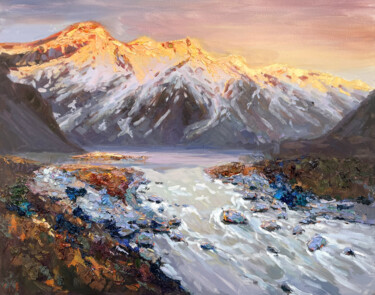 Painting titled "Alpine morning" by Evgeny Chernyakovsky, Original Artwork, Oil Mounted on Wood Stretcher frame