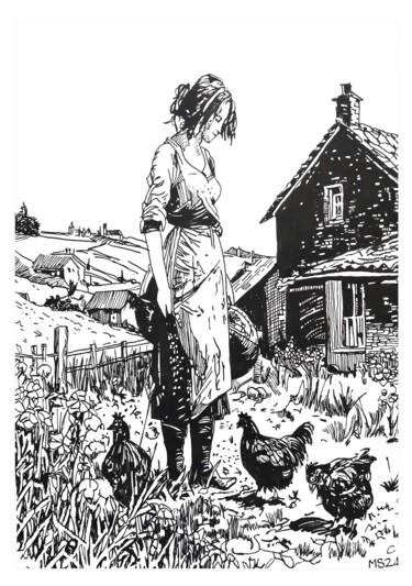 Dessin intitulée "La fermiere et ses…" par Mag Et Stef Gransagne (Mag et Stef - Les Quatre Mains), Œuvre d'art originale, En…