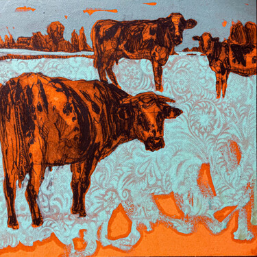 Painting titled ""Vaches de saison"…" by Pascale Simon, Original Artwork, Pencil Mounted on Wood Stretcher frame