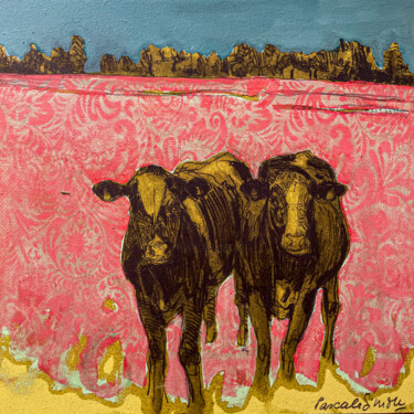 Painting titled ""Vaches de saison"…" by Pascale Simon, Original Artwork, Pencil Mounted on Wood Stretcher frame