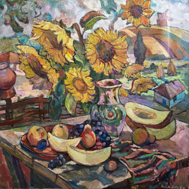 Painting titled "Still life with sun…" by Roman Grishchenko, Original Artwork, Oil Mounted on Wood Stretcher frame