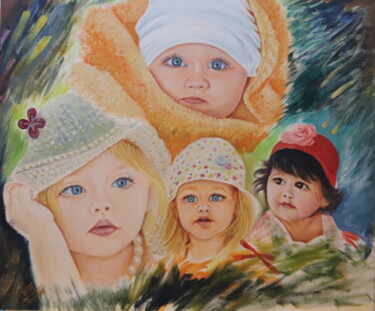Malerei mit dem Titel "Cute Babies" von Kamal Raj Thakur Utsav Thakur, Original-Kunstwerk, Öl