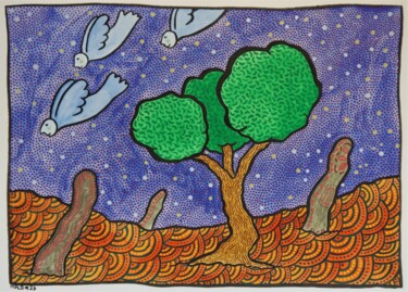 Painting titled "Oiz'hommes à l'arbre" by Laurent Mangepapier, Original Artwork, Gouache