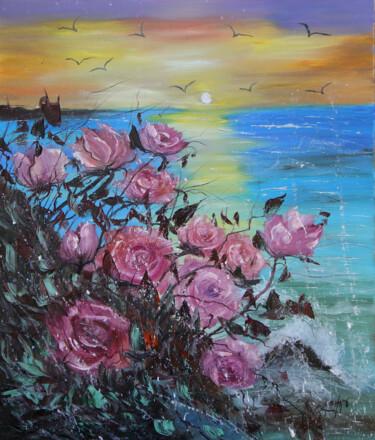 Painting titled "Ocean Blossoms" by Lilith Tonakanyan, Original Artwork, Oil Mounted on Wood Stretcher frame