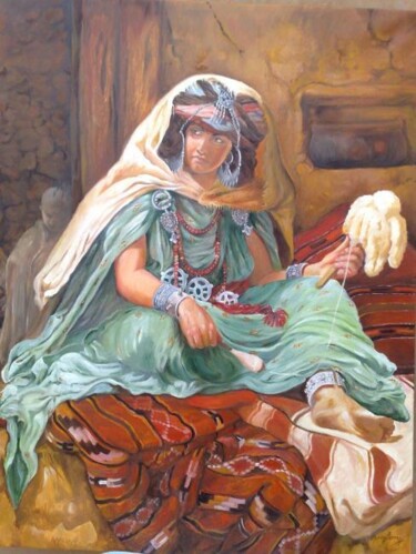 Peinture intitulée "Femme des aurès (Es…" par Hassina Bouglam, Œuvre d'art originale