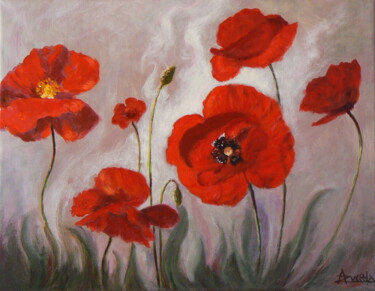 Painting titled "Coquelicots dans l'…" by Azucena, Original Artwork, Oil