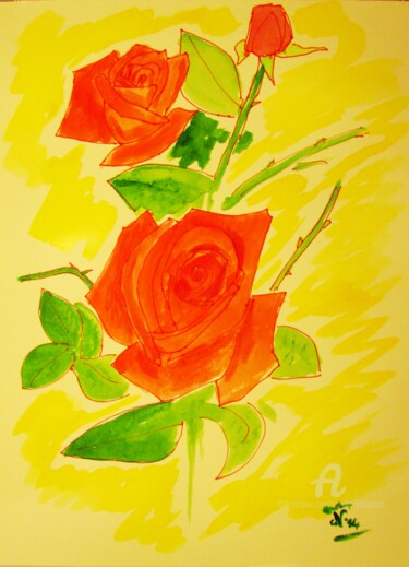 Schilderij getiteld "Roses '66" door Aurelio Nicolazzo, Origineel Kunstwerk, Aquarel