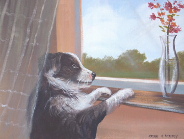 Painting titled "puppy by a window" by Cathal O Malley, Original Artwork, Acrylic