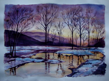 Painting titled "Tramonto in inverno" by M.D-Agostino, Original Artwork, Watercolor