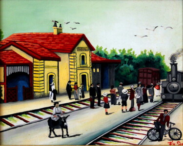 Schilderij getiteld "La gare d' Andernos" door Fouschy, Origineel Kunstwerk, Olie Gemonteerd op Frame voor houten brancard