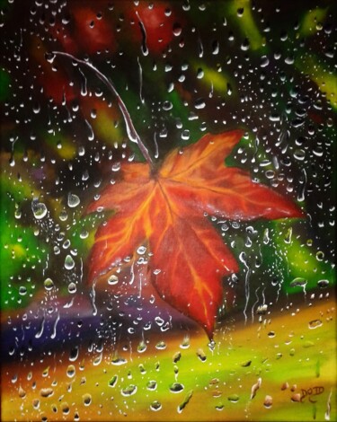 Painting titled "FEUILLE D'AUTOMNE" by Dom Art 44, Original Artwork, Oil Mounted on Wood Stretcher frame