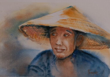 Peinture intitulée "Chinois au chapeau" par Michelle Thébault (Farane), Œuvre d'art originale, Aquarelle