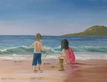 Painting titled "kids on cleggan bea…" by Cathal O Malley, Original Artwork, Acrylic