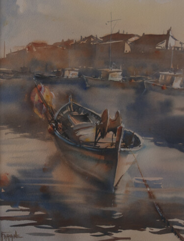 Peinture intitulée "La barque du pêcheur" par Michelle Thébault (Farane), Œuvre d'art originale, Aquarelle