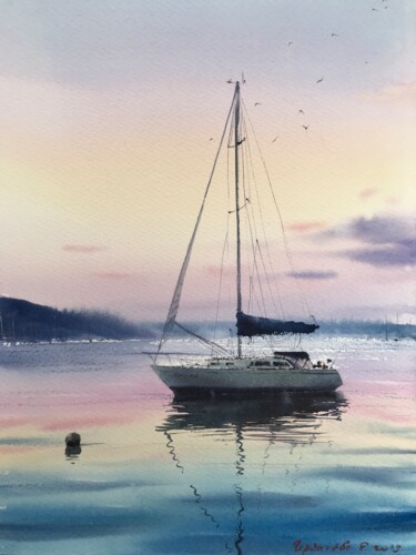 Картина под названием "Yacht at dawn" - Eugenia Gorbacheva, Подлинное произведение искусства, Акварель