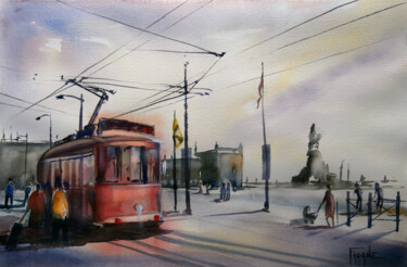 Painting titled "Tramway à Lisbonne" by Michelle Thébault (Farane), Original Artwork, Watercolor