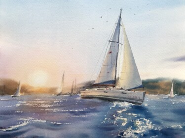 Malerei mit dem Titel "Yachts before sunset" von Eugenia Gorbacheva, Original-Kunstwerk, Aquarell