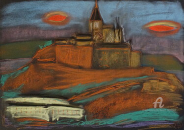 Disegno intitolato "UFO su Mont-Saint-M…" da Aurelio Nicolazzo, Opera d'arte originale, Pastello