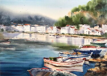 Painting titled "Moored boats - 2" by Eugenia Gorbacheva, Original Artwork, Watercolor
