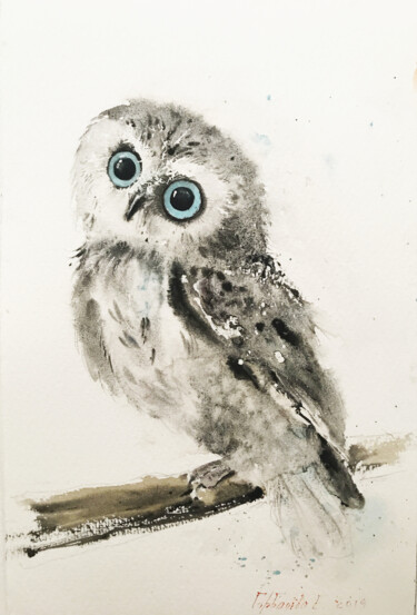 Painting titled "Little owl on a bra…" by Eugenia Gorbacheva, Original Artwork, Watercolor