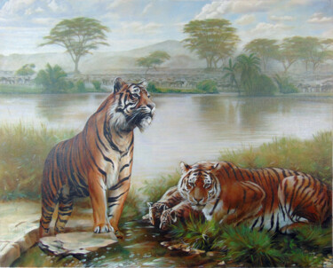 Painting titled "Tigers by the river" by Sergey And Vera, Original Artwork, Oil