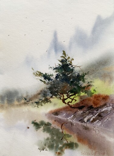 Painting titled "Pine at the lake" by Eugenia Gorbacheva, Original Artwork, Watercolor