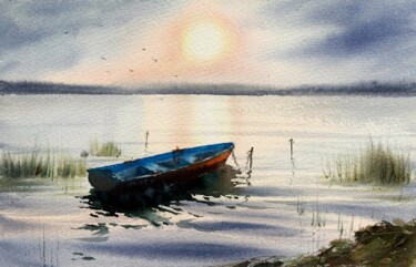 Painting titled "Boat on the lake" by Eugenia Gorbacheva, Original Artwork, Watercolor