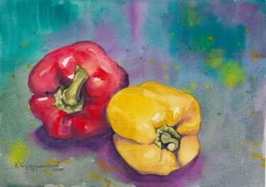 Schilderij getiteld "Funky peppers" door Krystyna Szczepanowski, Origineel Kunstwerk, Aquarel