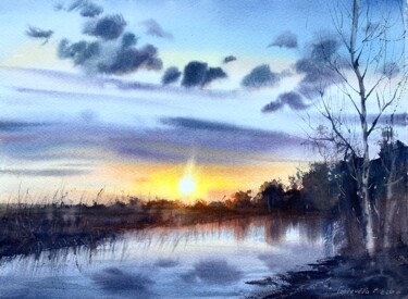 Painting titled "Sunset over the riv…" by Eugenia Gorbacheva, Original Artwork, Watercolor