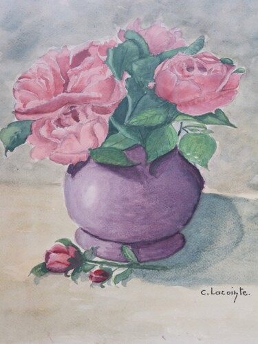 Malerei mit dem Titel "le vase aux roses" von Claude Lacointe, Original-Kunstwerk, Aquarell