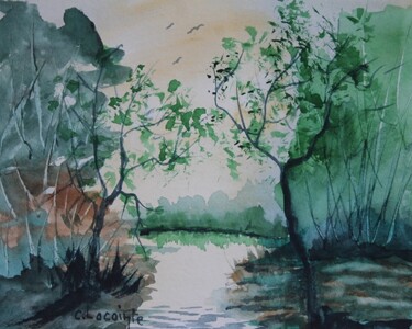 Painting titled "paysage(2)" by Claude Lacointe, Original Artwork, Watercolor