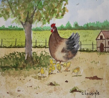 Peinture intitulée "poule et poussins" par Claude Lacointe, Œuvre d'art originale, Aquarelle