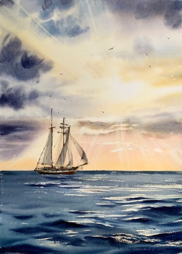 Painting titled "Ship and sun rays #2" by Eugenia Gorbacheva, Original Artwork, Watercolor