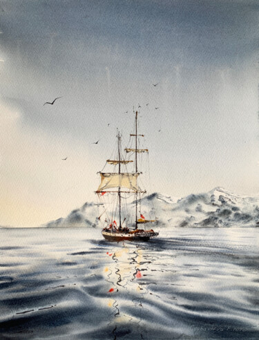 Картина под названием "A ship off the arct…" - Eugenia Gorbacheva, Подлинное произведение искусства, Акварель