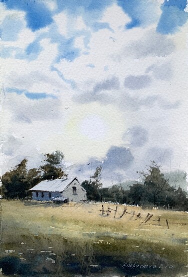 Painting titled "Morning on the Farm…" by Eugenia Gorbacheva, Original Artwork, Watercolor