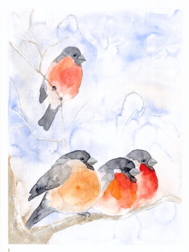Картина под названием "Bullfinches" - Olga Ivanova, Подлинное произведение искусства, Акварель