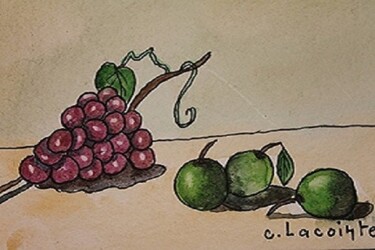 Peinture intitulée "prunes et raisin" par Claude Lacointe, Œuvre d'art originale, Aquarelle