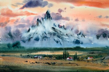 Peinture intitulée "Mountainscape with…" par Eugenia Gorbacheva, Œuvre d'art originale, Aquarelle