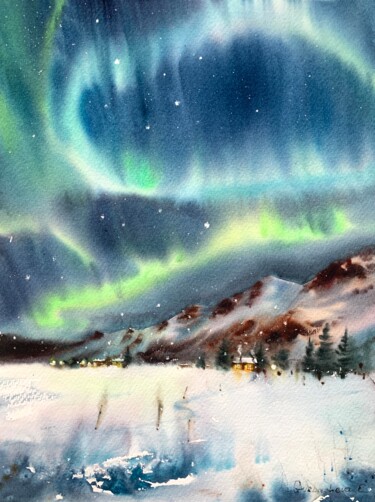 Картина под названием "Aurora borealis #3" - Eugenia Gorbacheva, Подлинное произведение искусства, Акварель