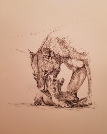 Drawing titled "Lionne lionceau 2" by Karl Robial, Original Artwork, Ink