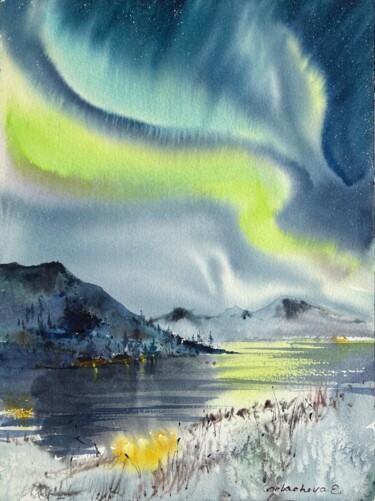 Peinture intitulée "Aurora borealis #4" par Eugenia Gorbacheva, Œuvre d'art originale, Aquarelle