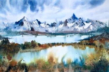 Painting titled "Mountainscape #8" by Eugenia Gorbacheva, Original Artwork, Watercolor