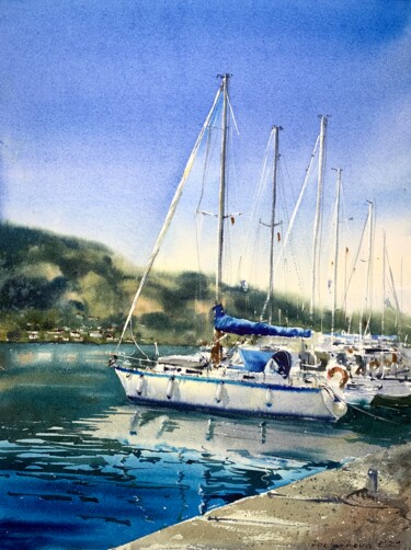 Peinture intitulée "Yacht #2, Montenegro" par Eugenia Gorbacheva, Œuvre d'art originale, Aquarelle